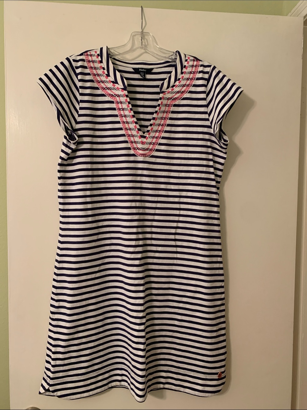Hatley Navy and White Striped Midi Dress with Pink Embroidered Neckline